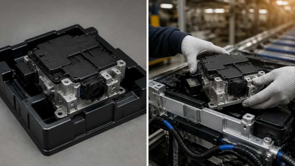 Side by side comparison of a finished sub-assembly module in a kit tray and the same module being fitted during final assembly