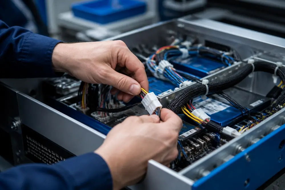 Wire harness being routed inside an enclosure during turnkey electronics box build assembly