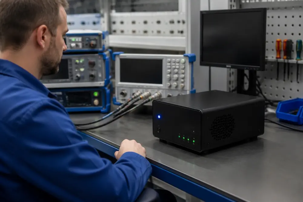 Technician running final functional test on a finished electronic unit before packaging