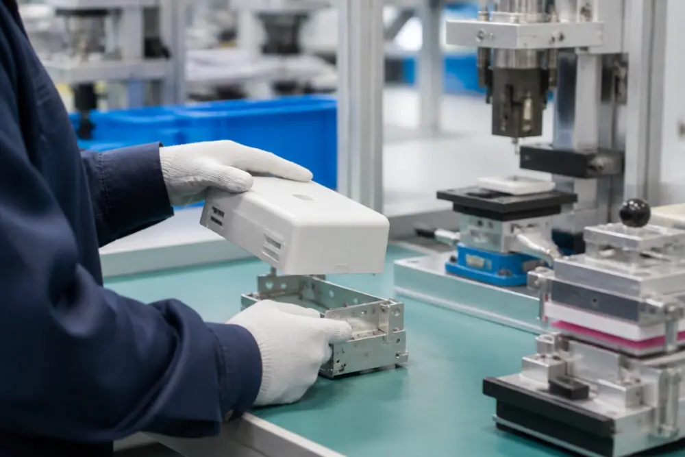 Technician assembling an injection molded plastic enclosure onto a metal bracket sub-assembly
