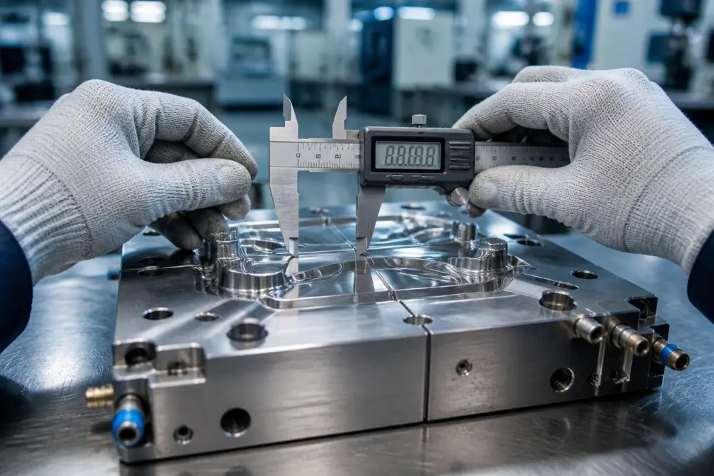 Engineer inspecting an injection mold tool during a turnkey manufacturing company facility visit