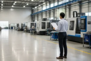 Buyer reviewing a checklist to choose a turnkey manufacturing company on a factory production floor