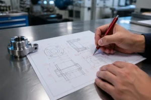 Engineer marking up a design drawing during a DFM review in turnkey product development