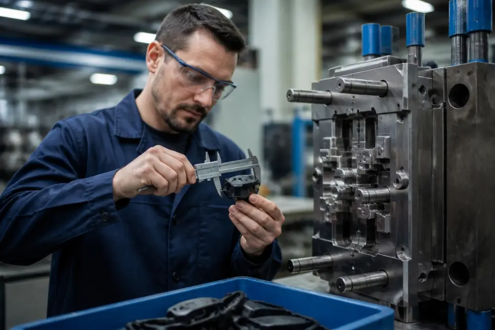 Technician inspecting a first production run part during turnkey product development