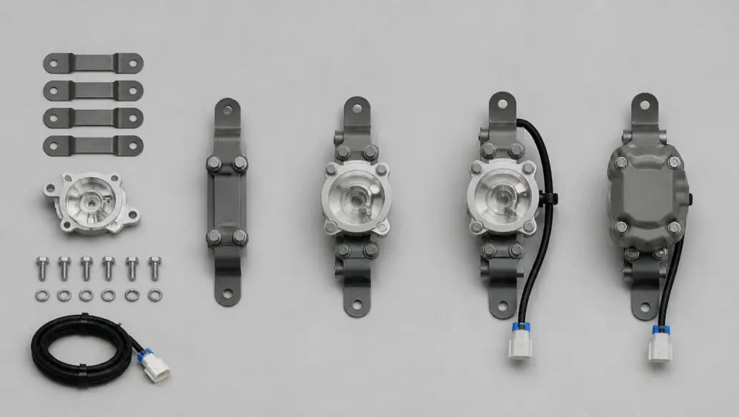 Loose brackets, fasteners and a cable harness on the left progressing into a finished mechanical sub-assembly module on the right