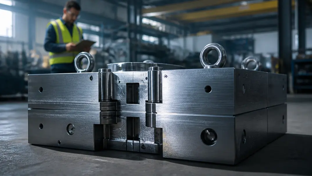 Polished steel injection mould tool on a workshop floor with an engineer inspecting it in the background