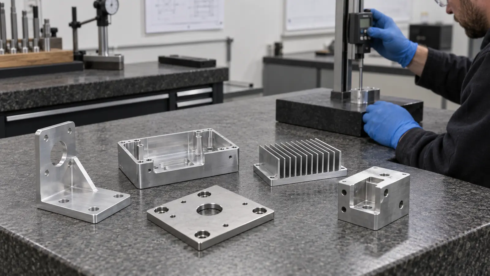 CNC-machined aluminum brackets housings and adapter plates arranged for dimensional inspection on a clean metrology bench