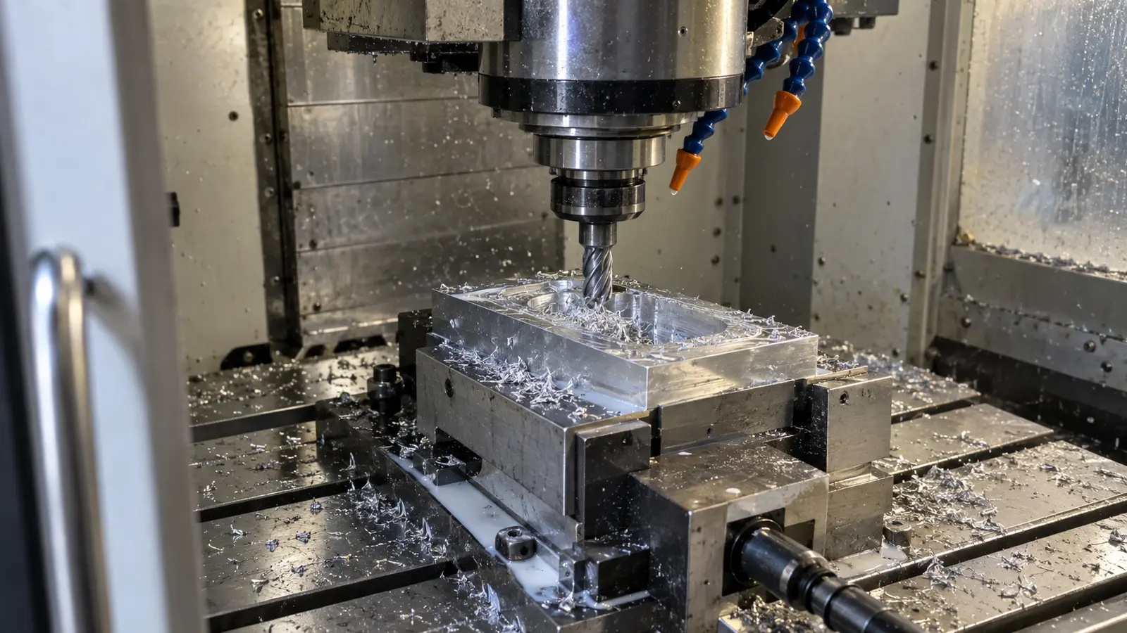 Close-up of an aluminum workpiece clamped in a precision vise during 3-axis CNC pocket milling inside a vertical machining center