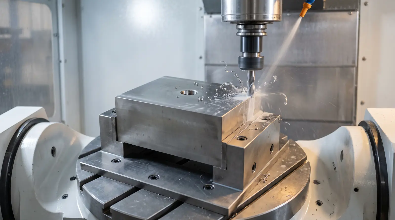 Titanium aerospace part being cut on a 5-axis CNC machining centre with the trunnion table tilted to reach several faces in one setup