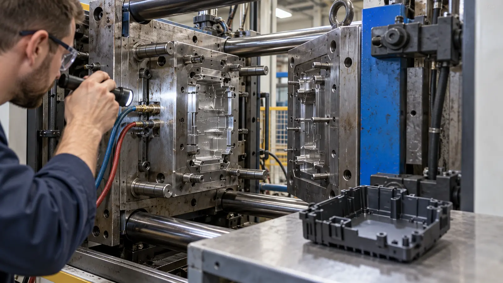 Injection mold setup with sample plastic housing showing ribs, bosses and snap-fit geometry