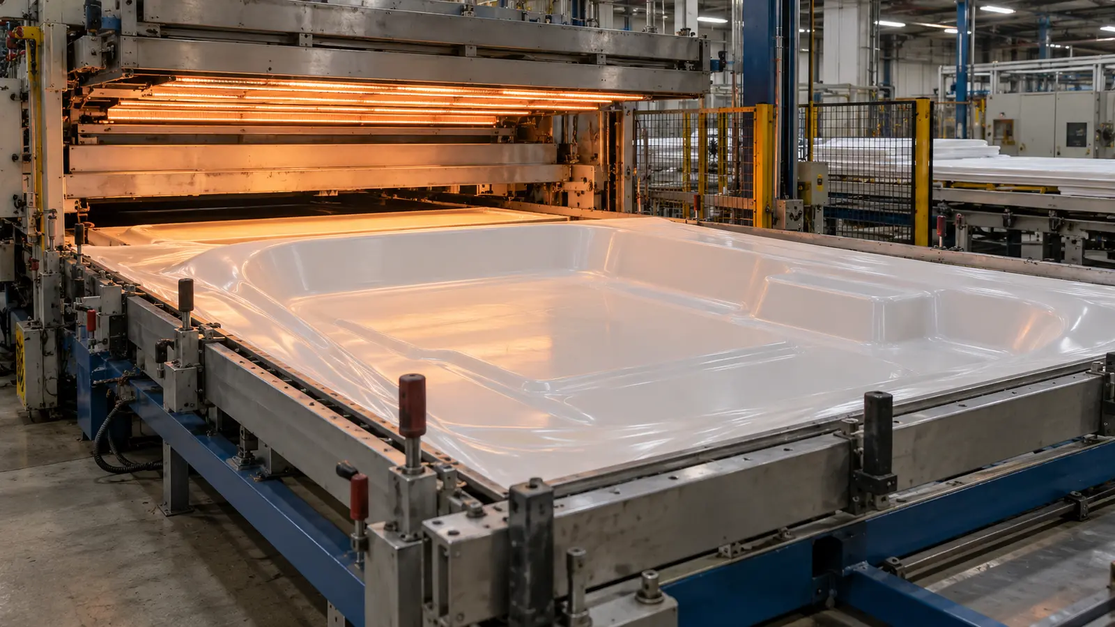 Thermoplastic sheet forming over an aluminum thermoforming tool in a production machine