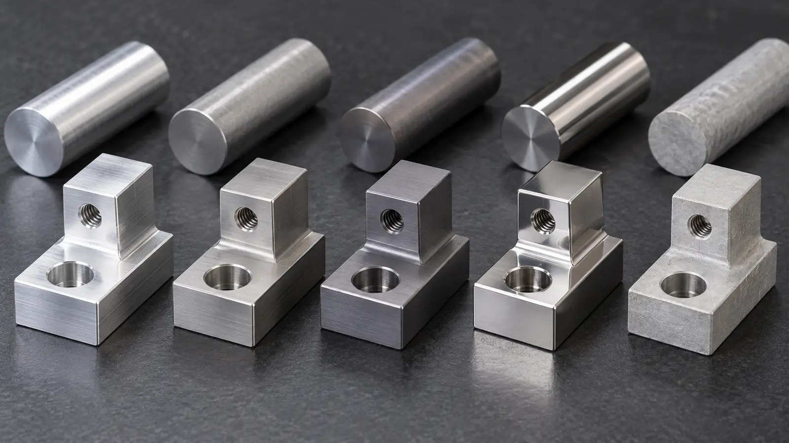 Machined sample blocks in 6061 and 7075 aluminum, Ti-6Al-4V titanium and 316 stainless steel showing the main aerospace CNC machining materials