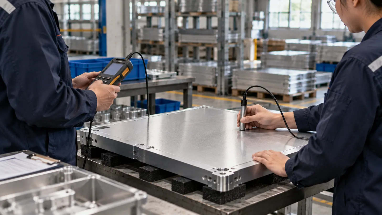 Eddy current coating thickness probe held perpendicular to a flat aluminum panel
