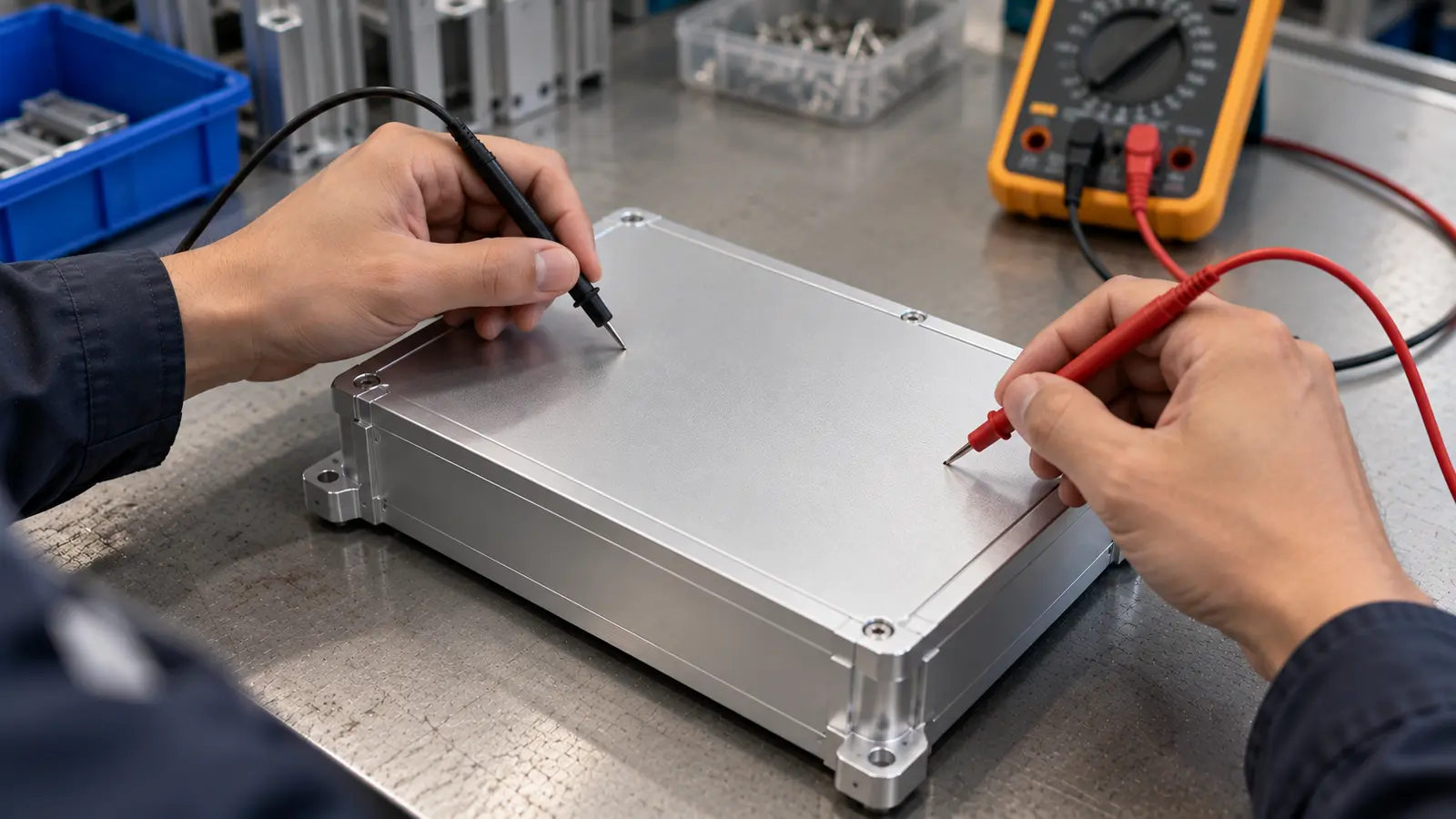 Technician hands placing multimeter probes on an aluminum housing surface