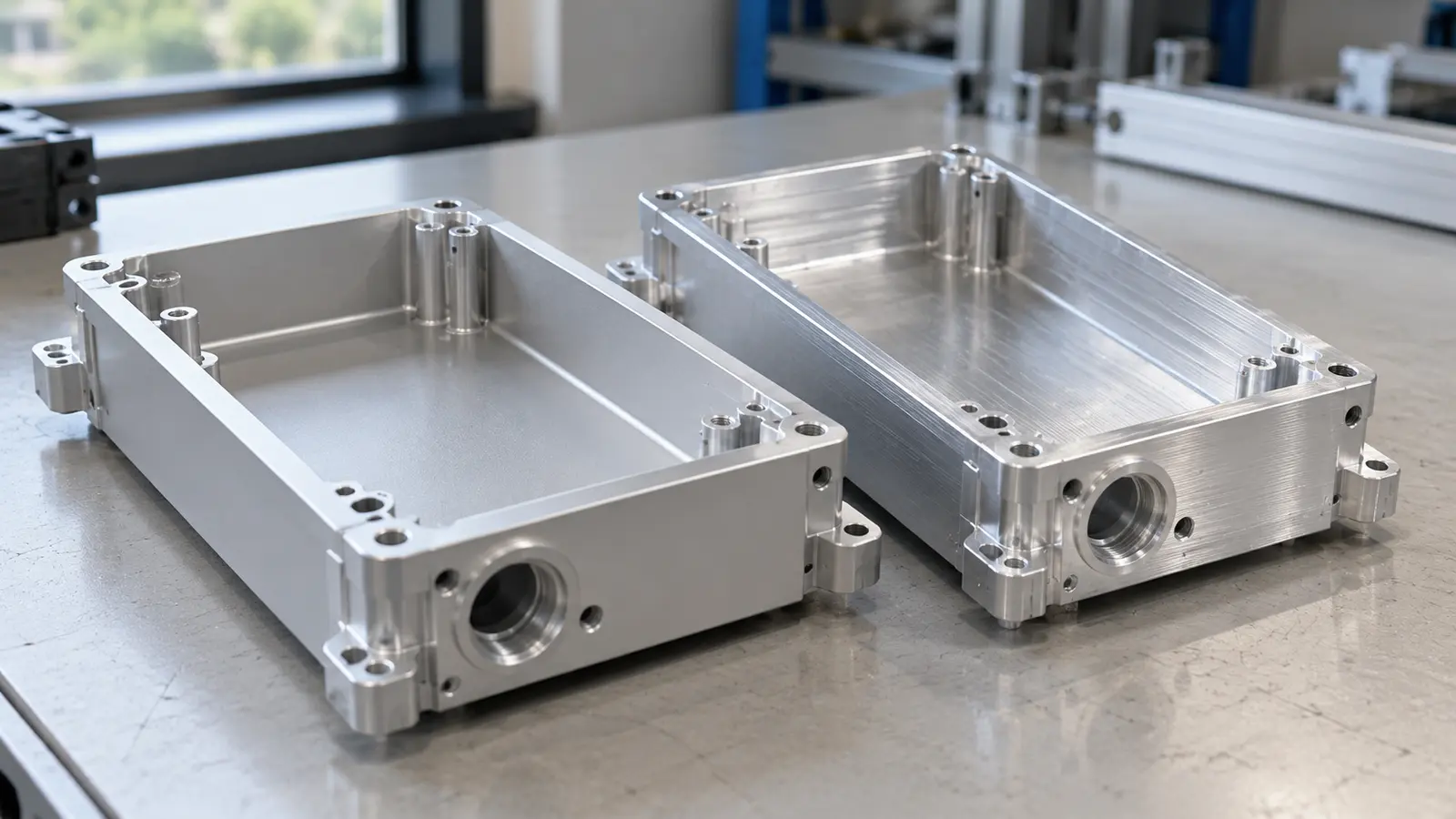 Close view of two aluminum housings with subtle differences in surface texture