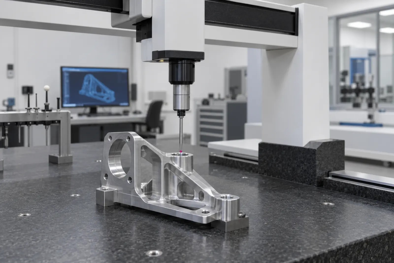 Coordinate measuring machine probe inspecting a bored feature on a machined aerospace part, verifying tolerance to plus or minus 0.002 mm