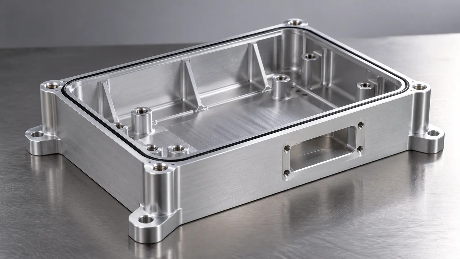 CNC machined aluminum avionics enclosure showing a flat sealing face, machined O-ring groove, connector cutout and mounting bosses on one datum