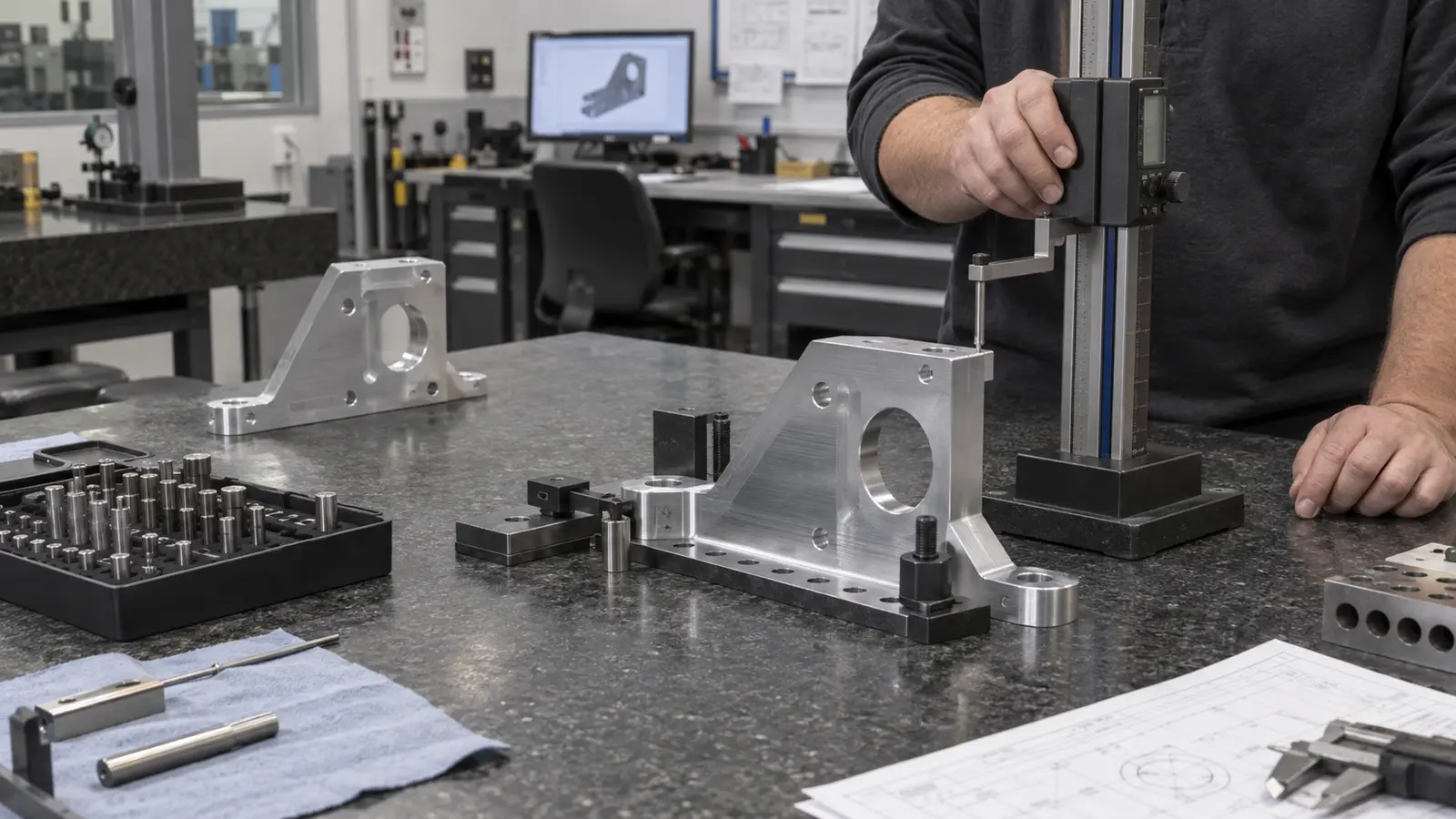 Quality technician inspecting a machined aluminum bracket on a granite metrology bench