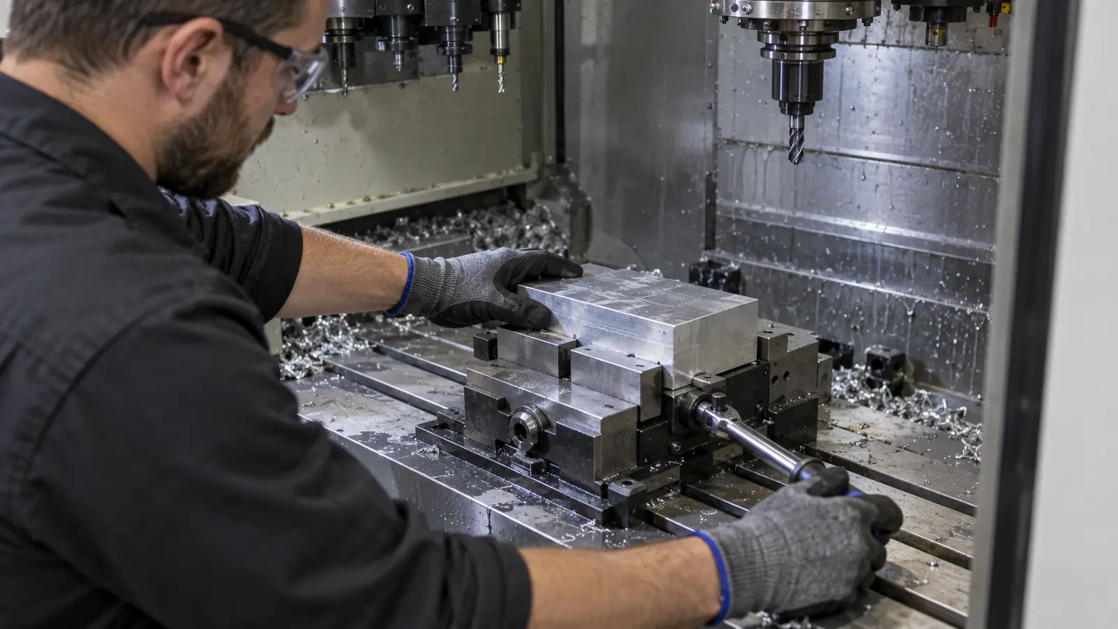 Machinist setting a 6061 aluminum workpiece in a three-axis vertical machining center