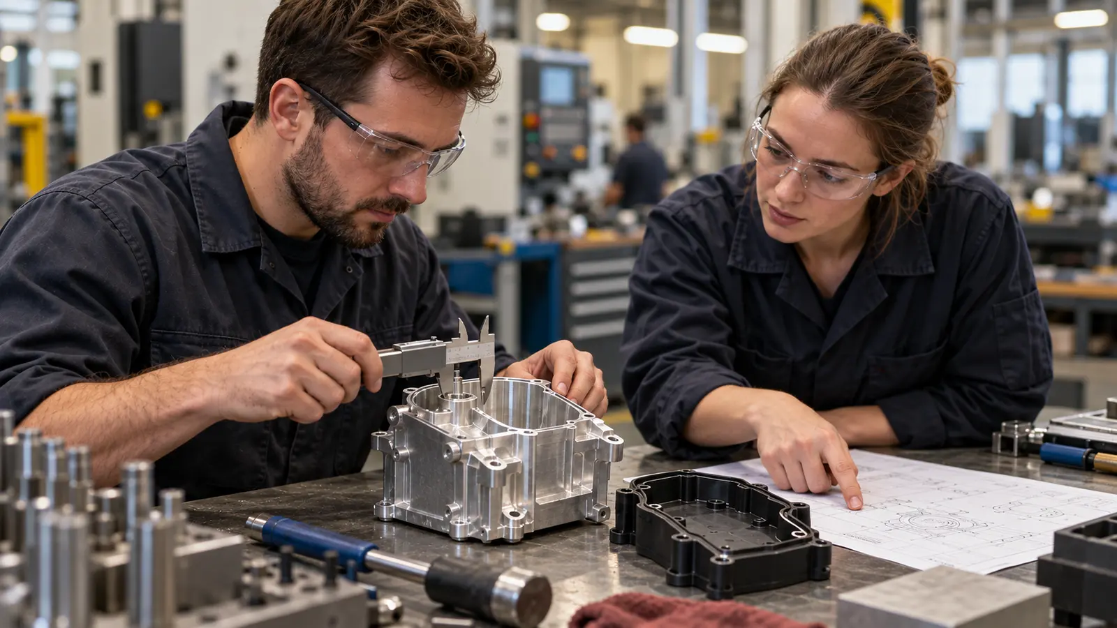 Engineers reviewing the fit of a machined aluminum housing and molded cover at a workbench