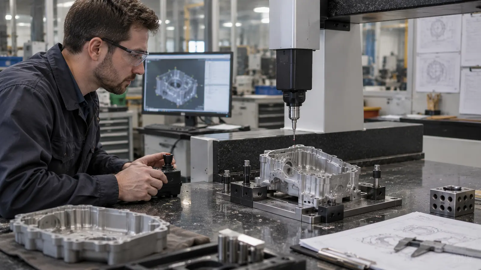 Technician inspecting a machined aluminum housing with a coordinate measuring machine