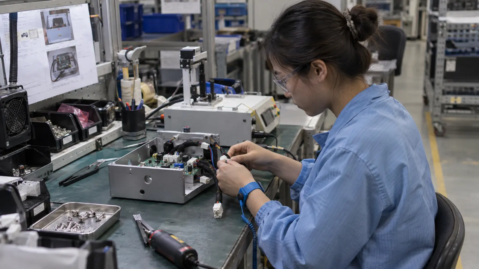 Technician integrating a circuit board cable harness and metal enclosure at a grounded ESD-safe electromechanical assembly bench
