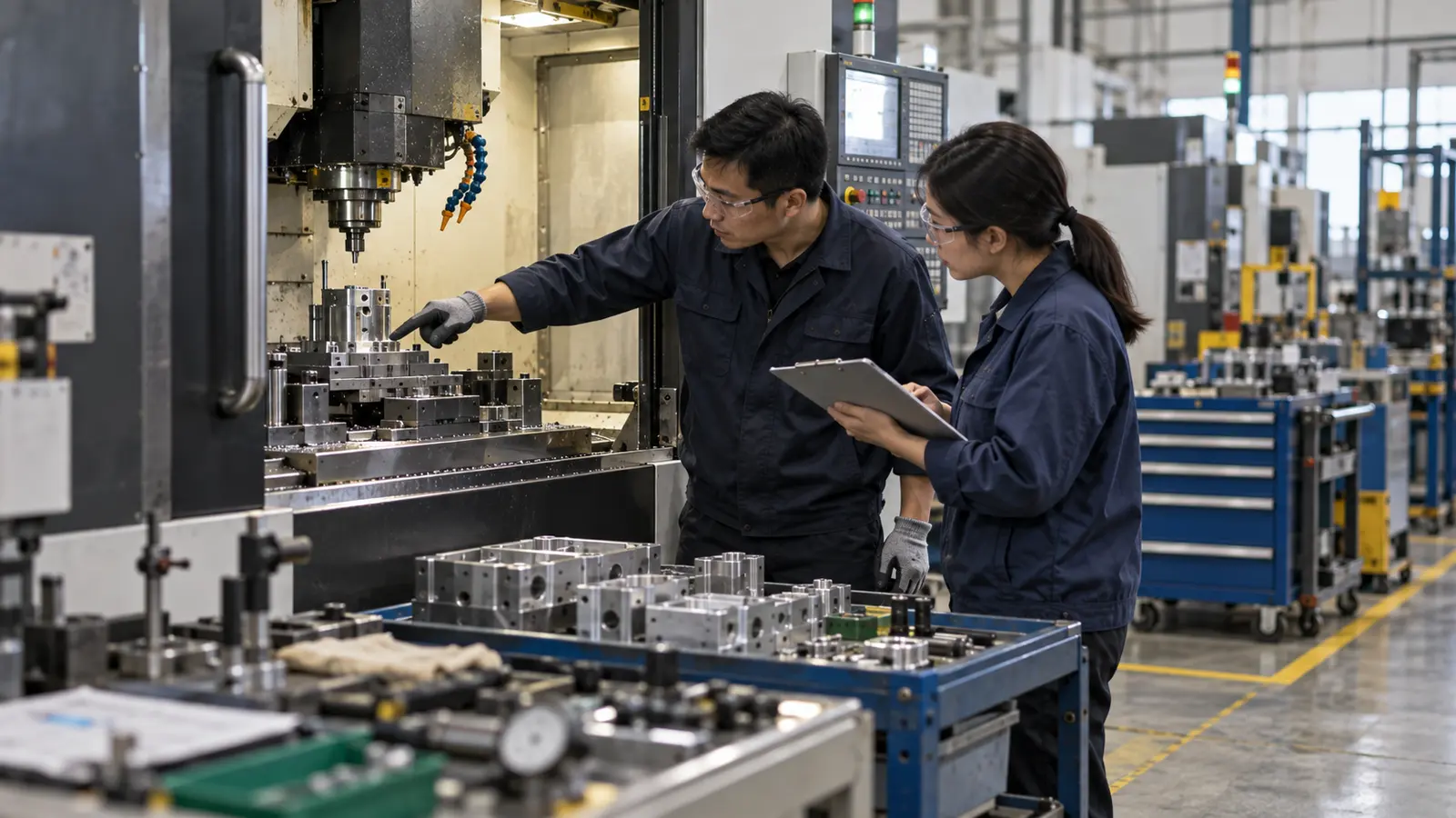 Manufacturing engineer and sourcing professional reviewing an active CNC production area during a supplier audit