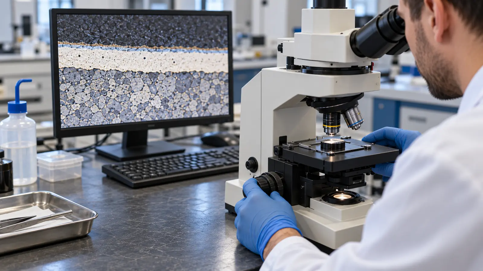 A mounted galvanized steel cross-section centered beneath a microscope objective as a technician examines its coating layers