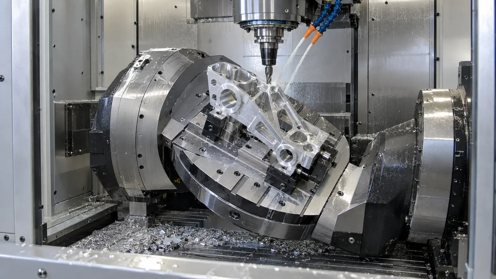 Industrial 5-axis CNC machining center cutting an aluminum component with flood coolant