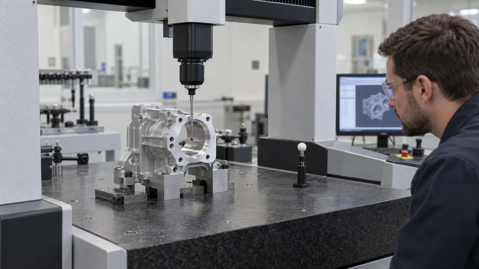 Coordinate measuring machine inspecting a machined metal component