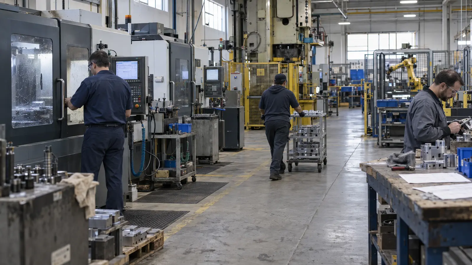Industrial manufacturing floor with CNC machining, metal forming and assembly cells