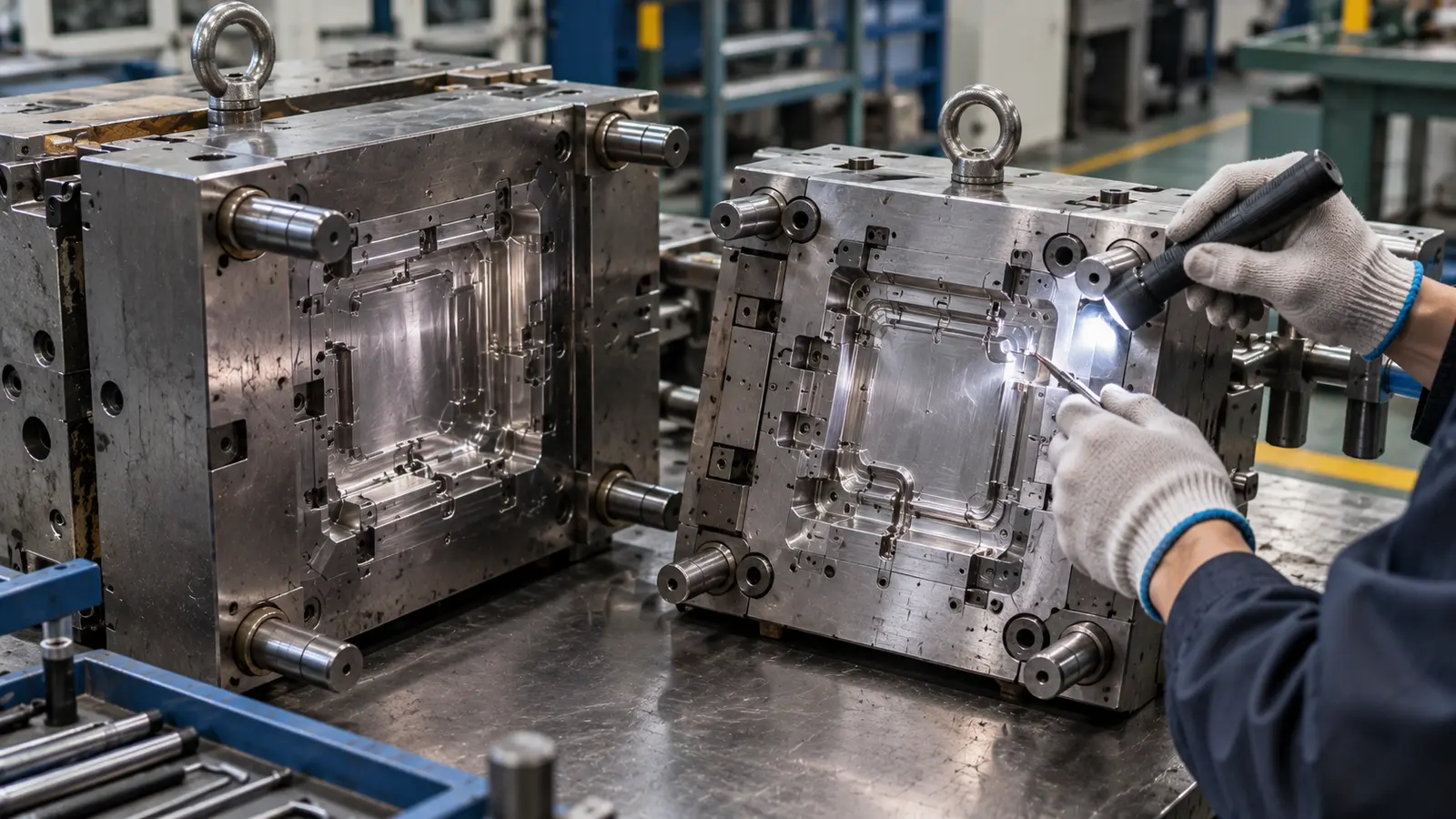 Technician inspecting the gate and vent areas of an open steel injection mold.