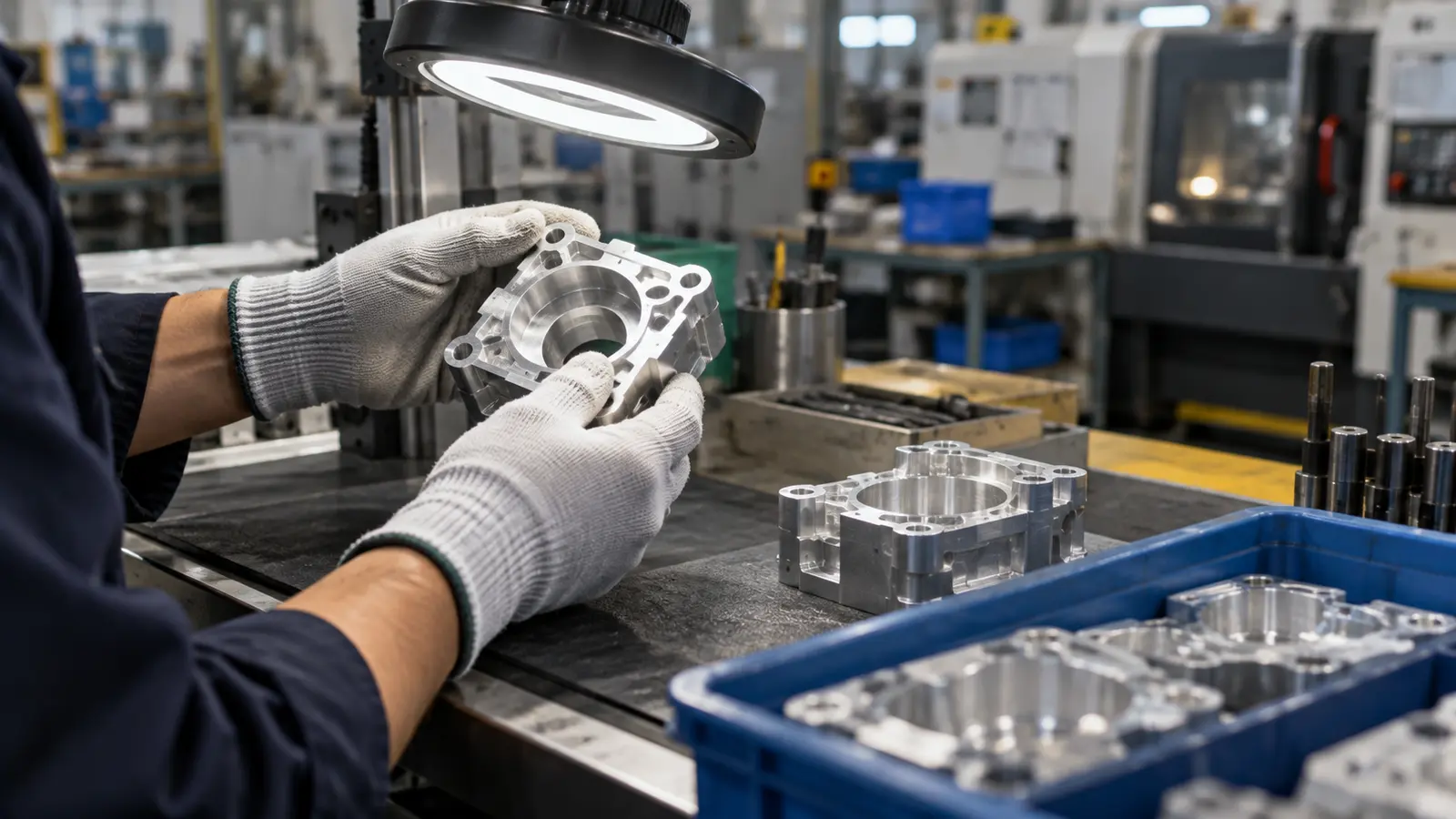 Technician inspecting a machined aluminum housing on a coordinate measuring machine