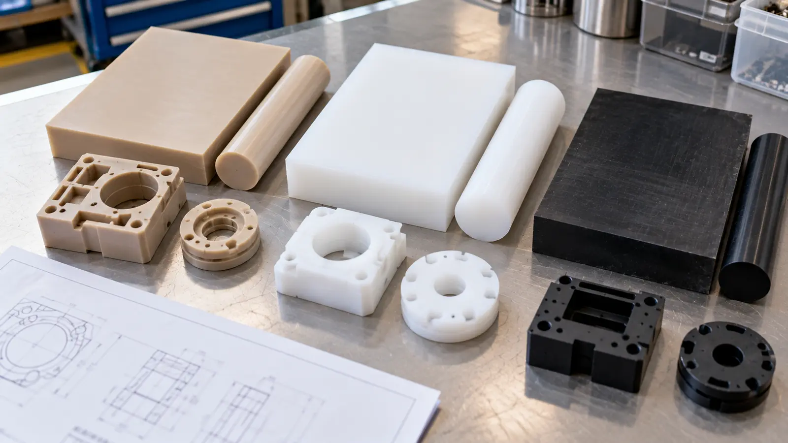 Close overhead view of PEEK, UHMWPE and POM engineering-plastic stock with representative machined non-branded components on a clean engineering bench