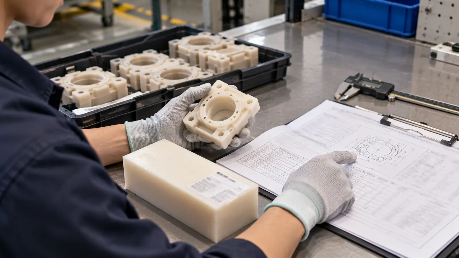 Quality technician inspecting a machined polymer component beside material traceability paperwork and a labeled stock remnant with all text unreadable