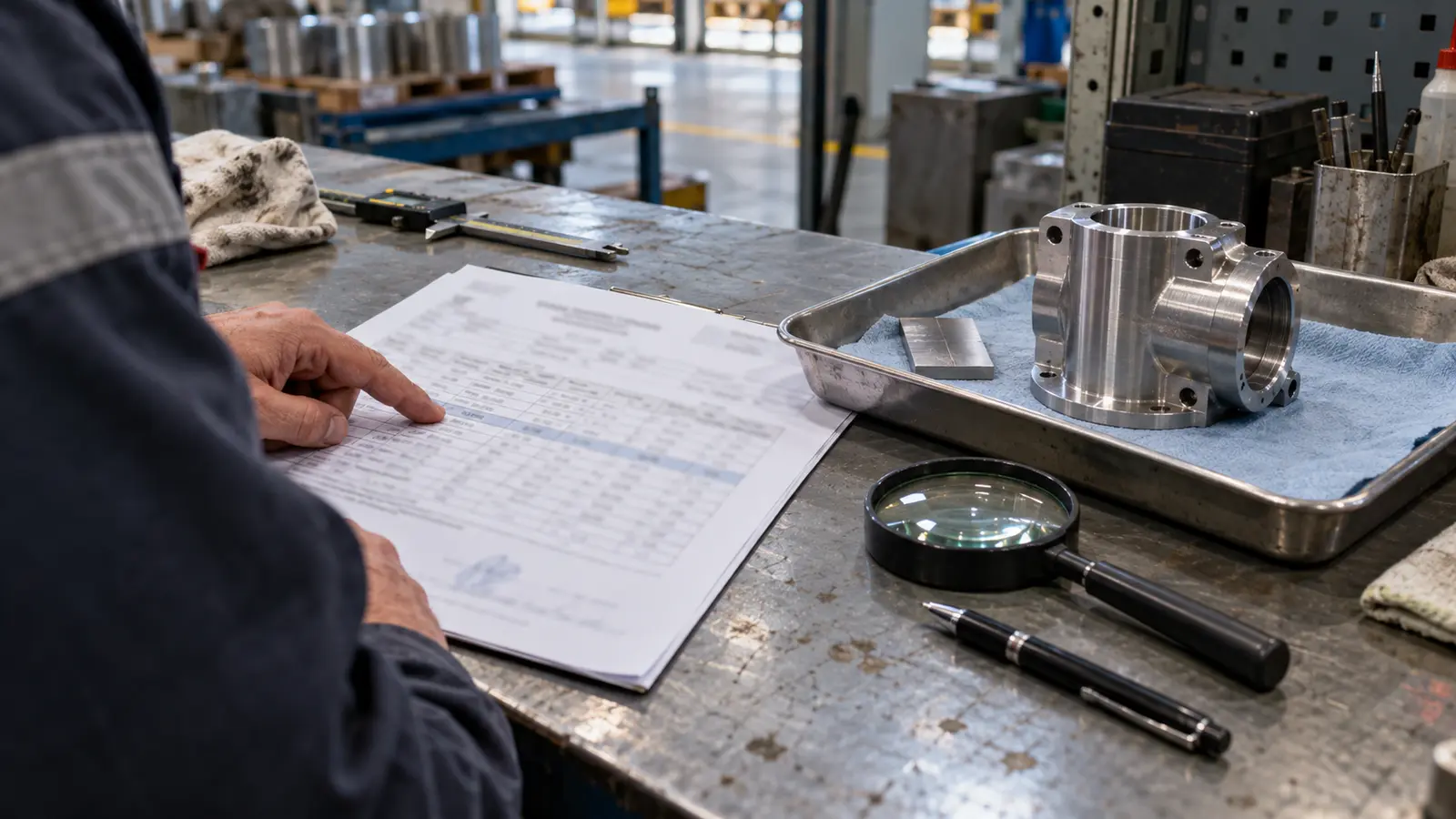 Engineer reviewing a mill test certificate beside a 316L stainless steel sample and machined housing