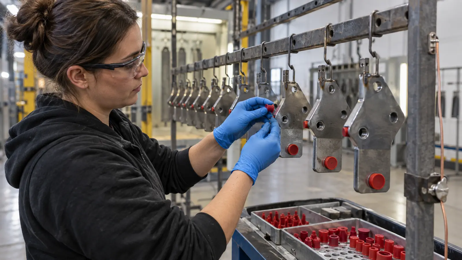 Technician fitting silicone plugs to threaded steel brackets before powder coating