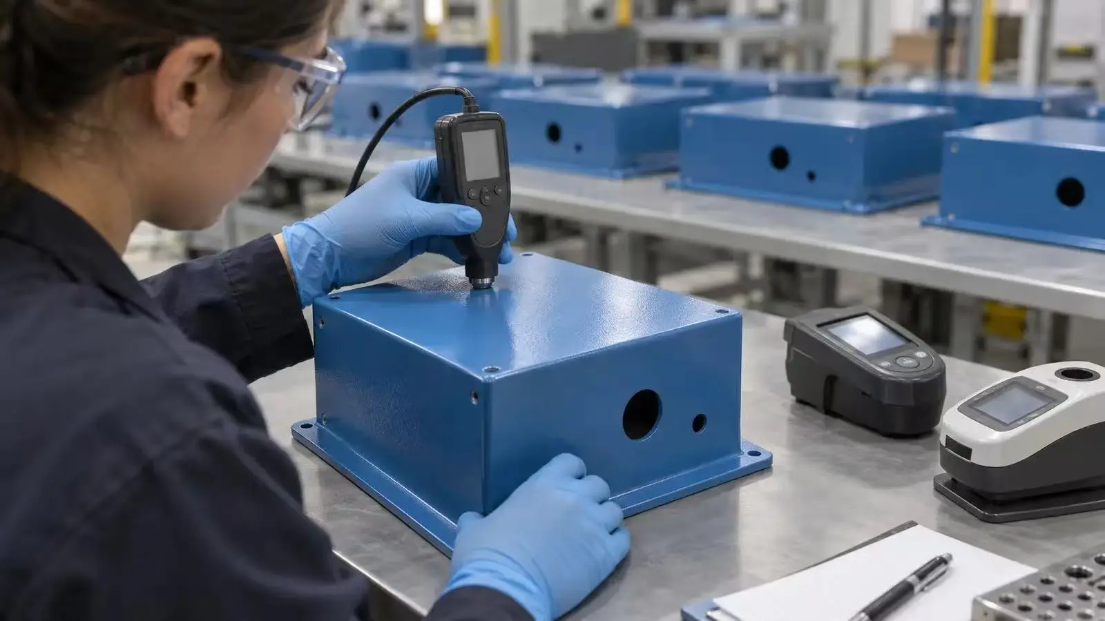 Quality technician measuring powder coating thickness and colour on a blue metal enclosure