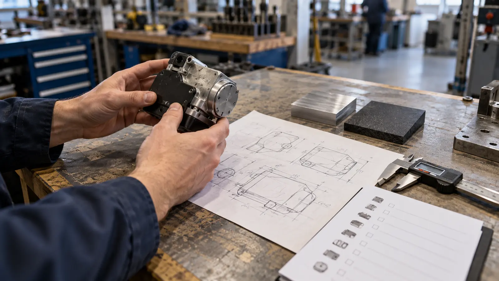 Two engineers reviewing an aluminum housing and a matching cover against a technical drawing