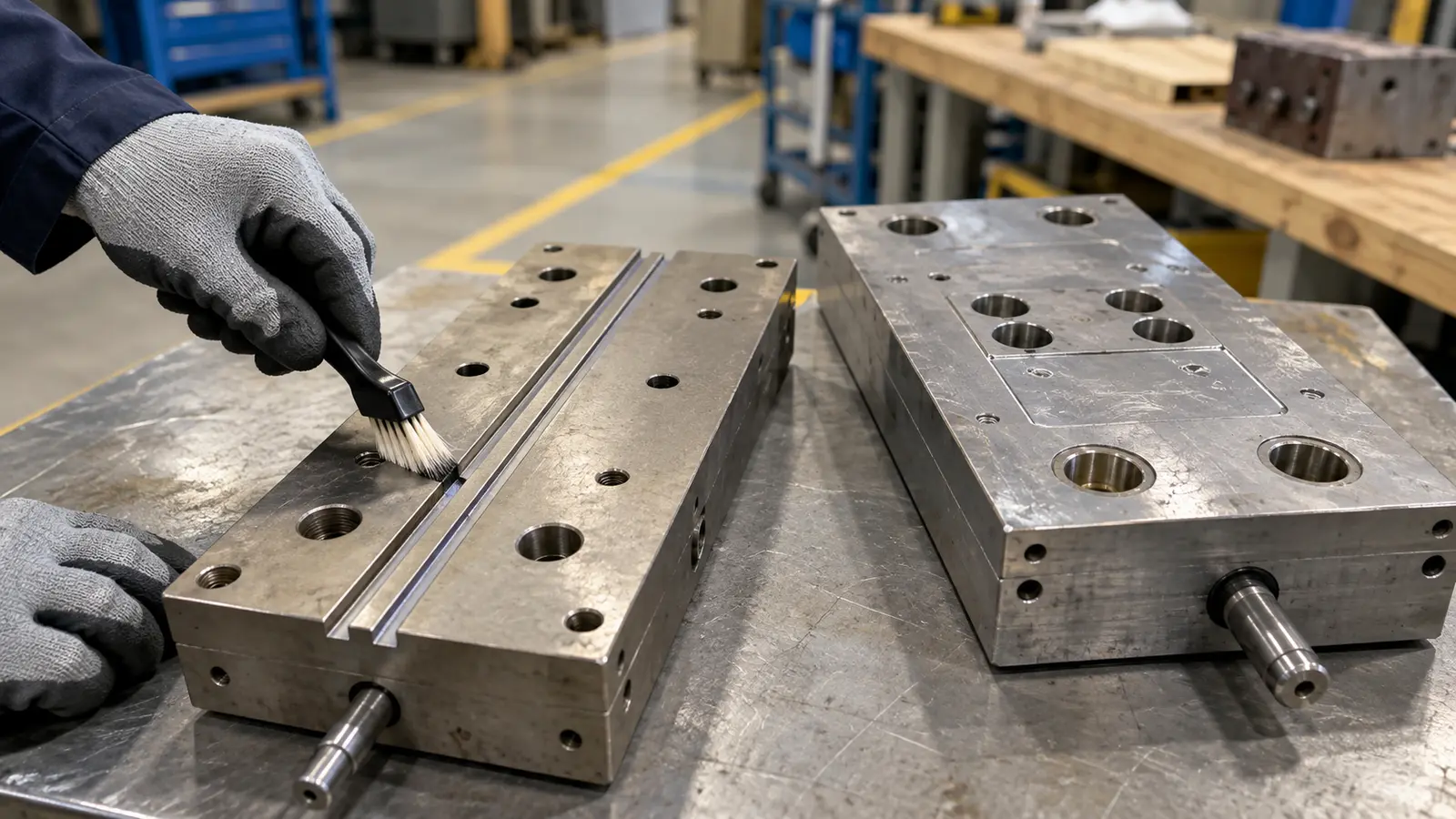 Gloved hand using a soft brush to clean a vent on an injection mold with visible runner channels