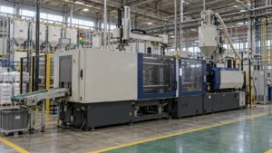 Injection molding machine and take-out robot in an orderly plastics production cell