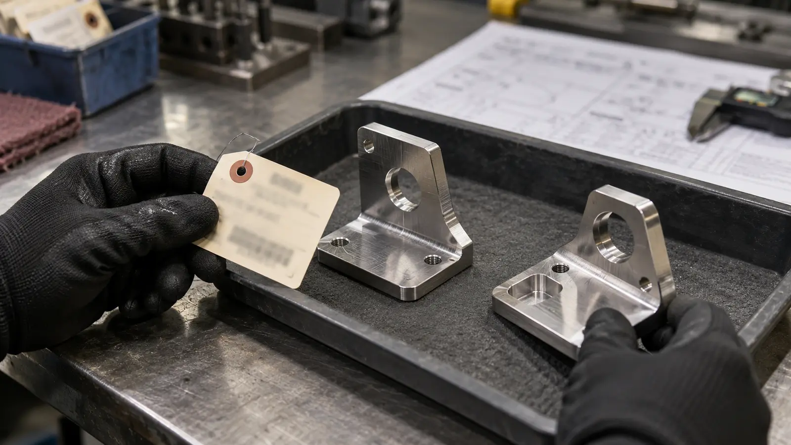 Quality technician comparing a stainless steel stock tag with machined brackets in a parts tray