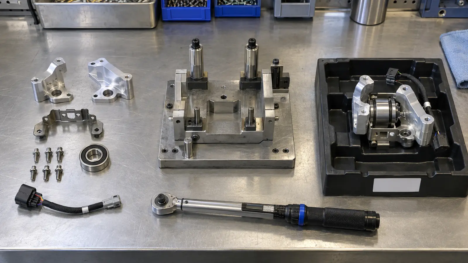 Loose brackets fasteners and a cable harness organized beside a completed tested mechanical sub-assembly in a returnable tray