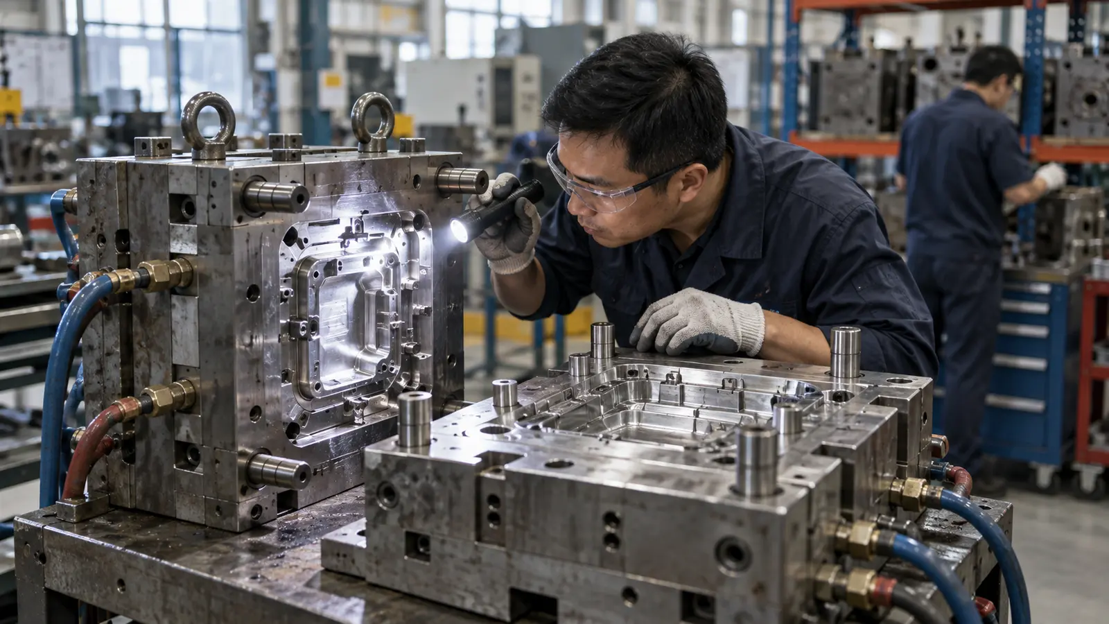 Steel injection mold tooling being inspected in an active manufacturing workshop