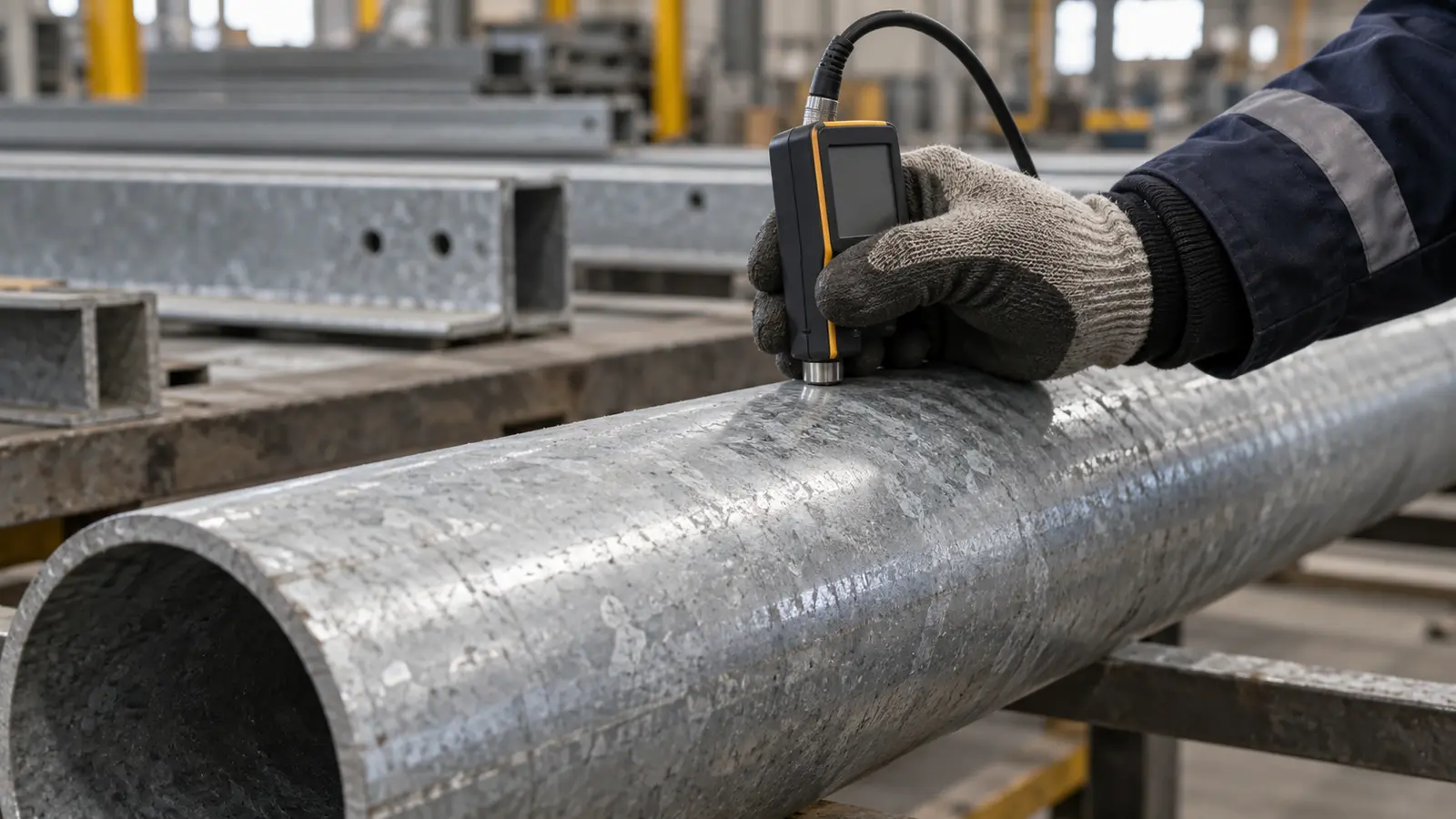 Technician holding a coating thickness gauge against a galvanized steel pipe in a working inspection area