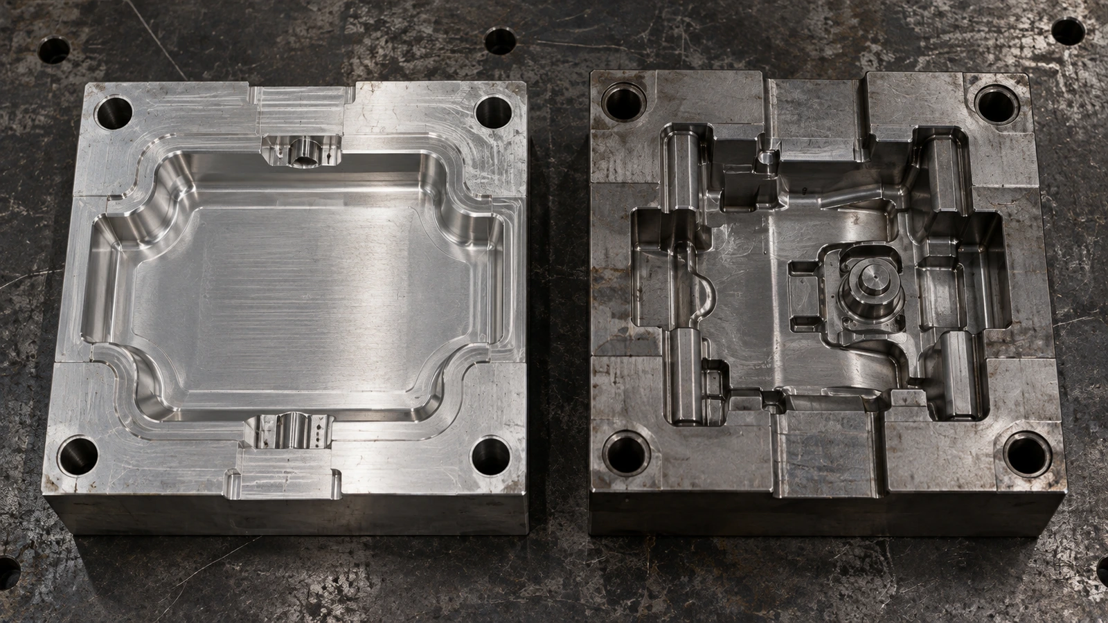 Aluminum and steel injection mold blocks shown side by side, with their milled cavity surfaces visible