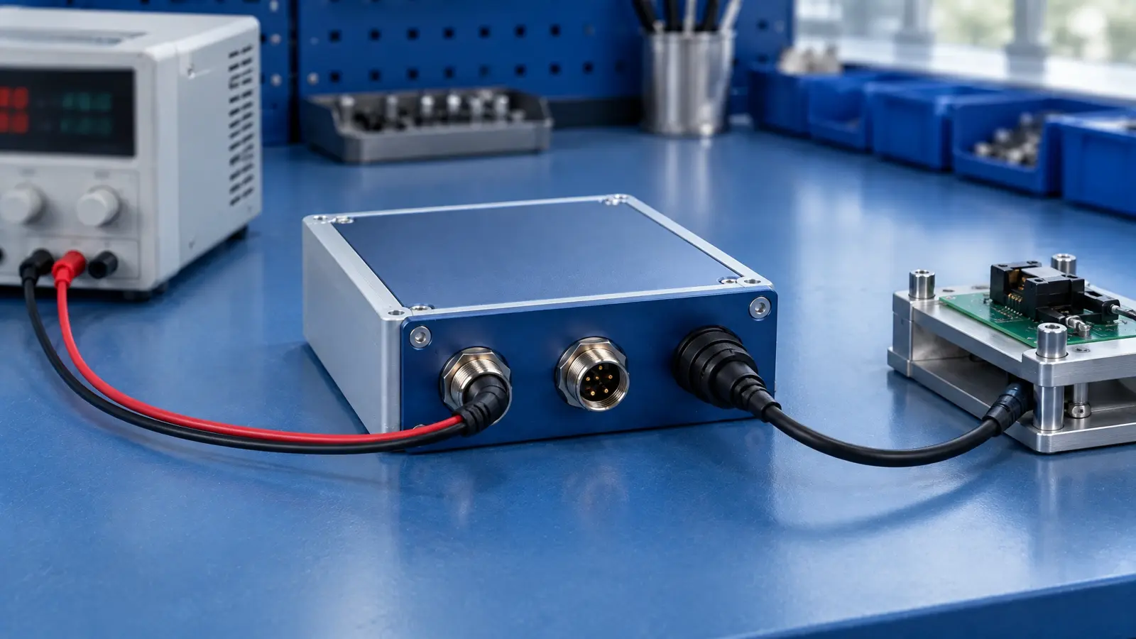 Compact electronic enclosure connected to an unbranded functional test setup on a workbench
