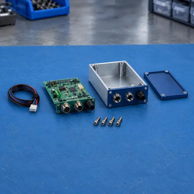 Populated PCB beside a machined enclosure and matching mechanical mounting components