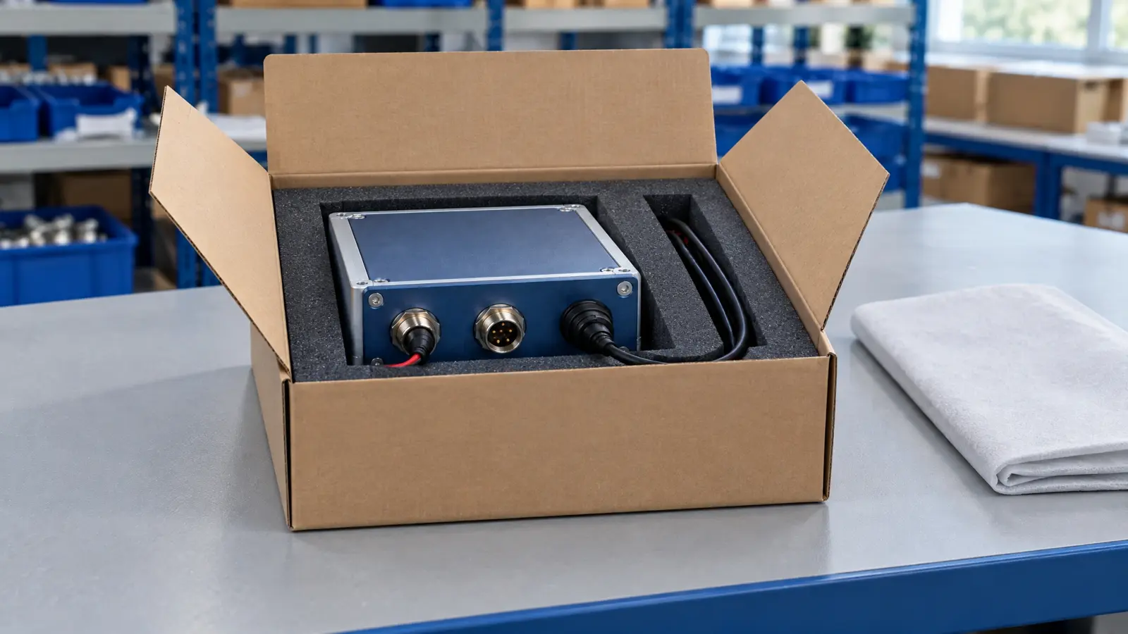 Finished compact electronic assembly secured in fitted foam inside an open shipping carton