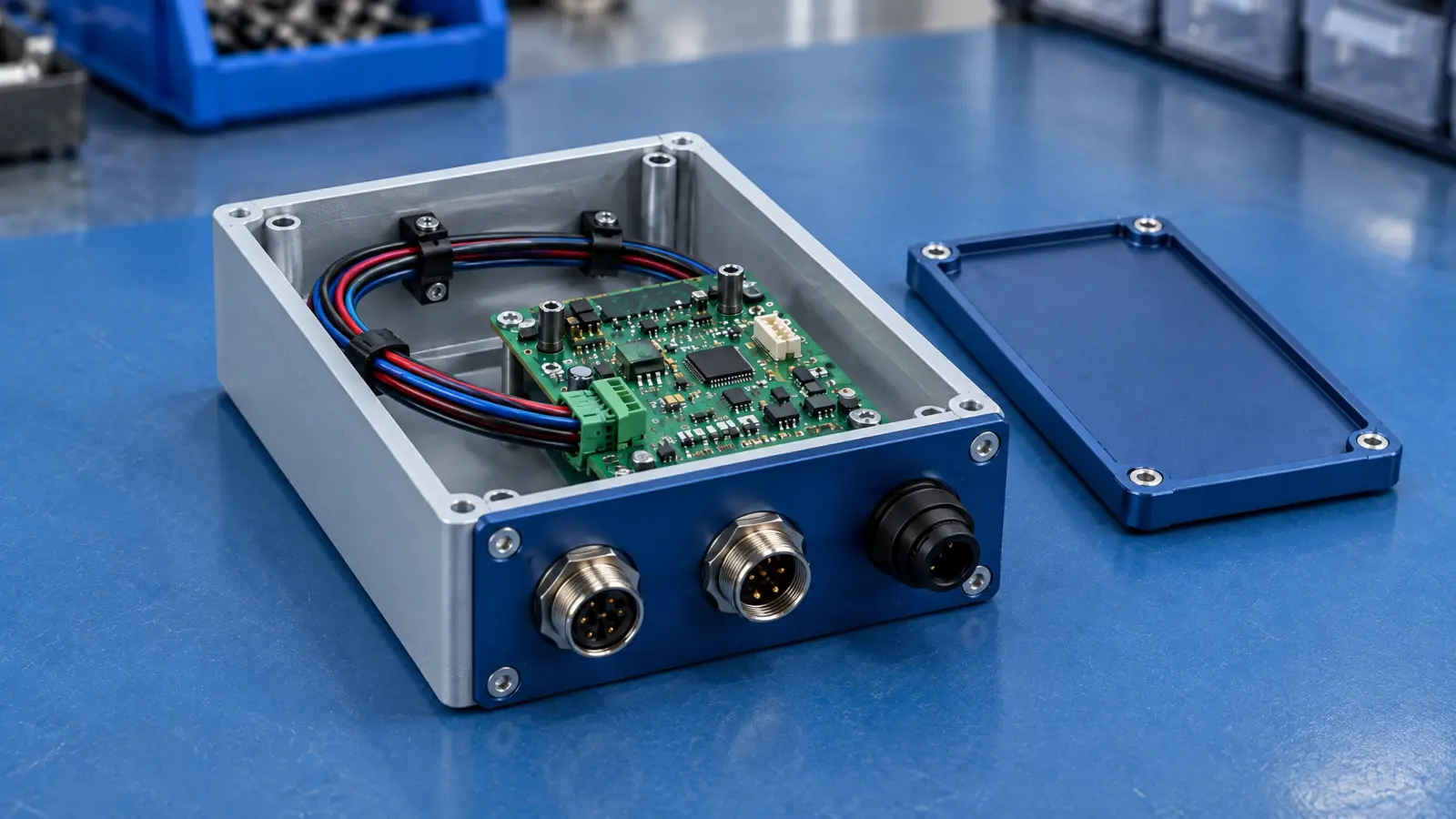 Organized wire harness routed through a compact electronics enclosure with connector clearance